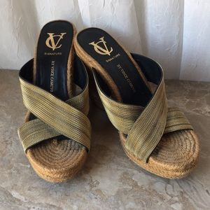 VC Signature Vi-Derka Jute & Gold Platform Wedge Slides